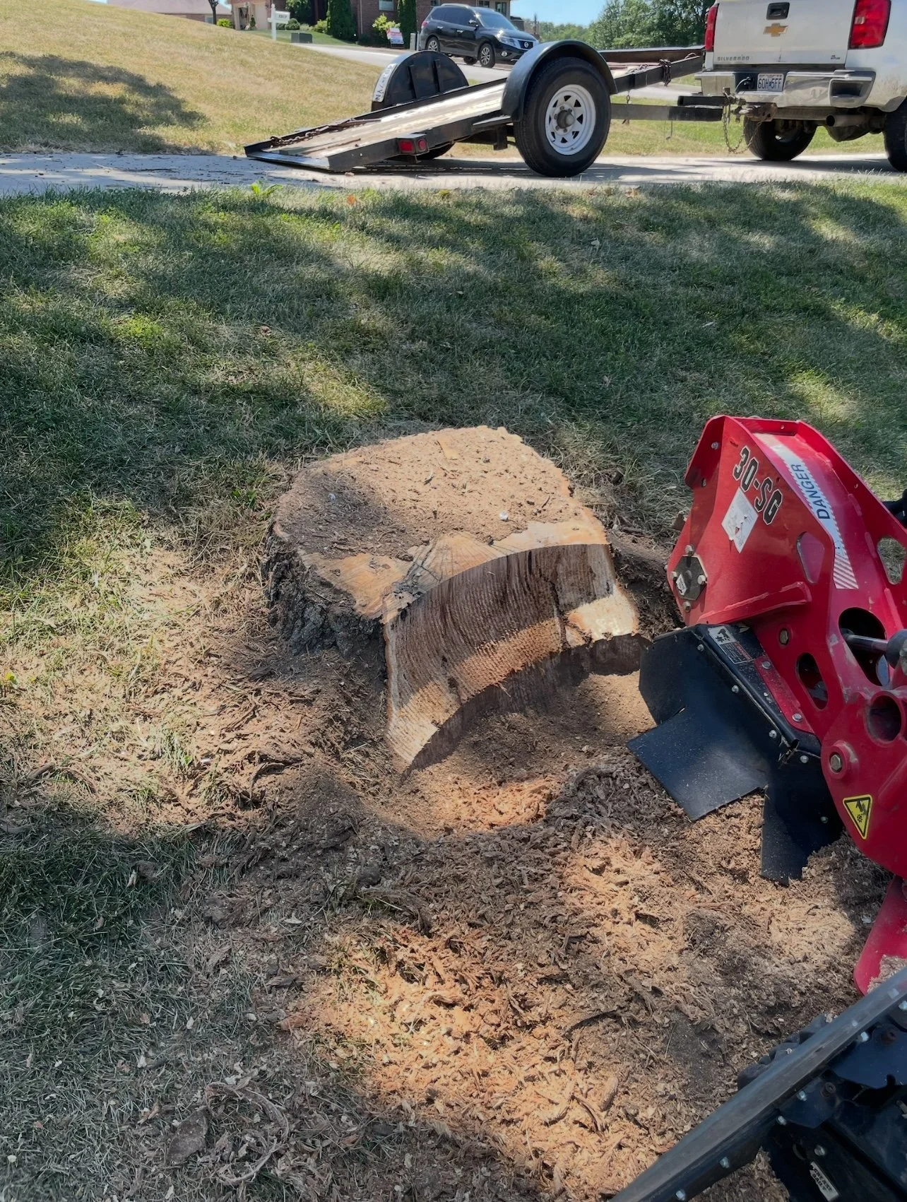 Close-up of stump grinder operating on a partially ground stump, highlighting the power and effectiveness of stump grinding equipment.