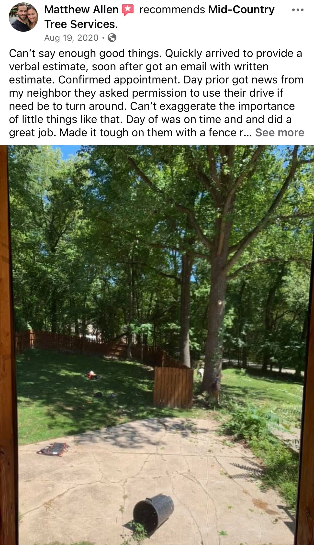 Customer testimonial appreciating detailed tree health assessment by ISA Certified Arborist.