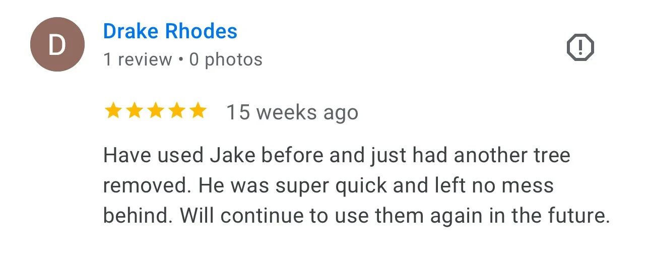 Customer review praising tree removal service by Mid-Country Tree Services in Linn, Missouri.