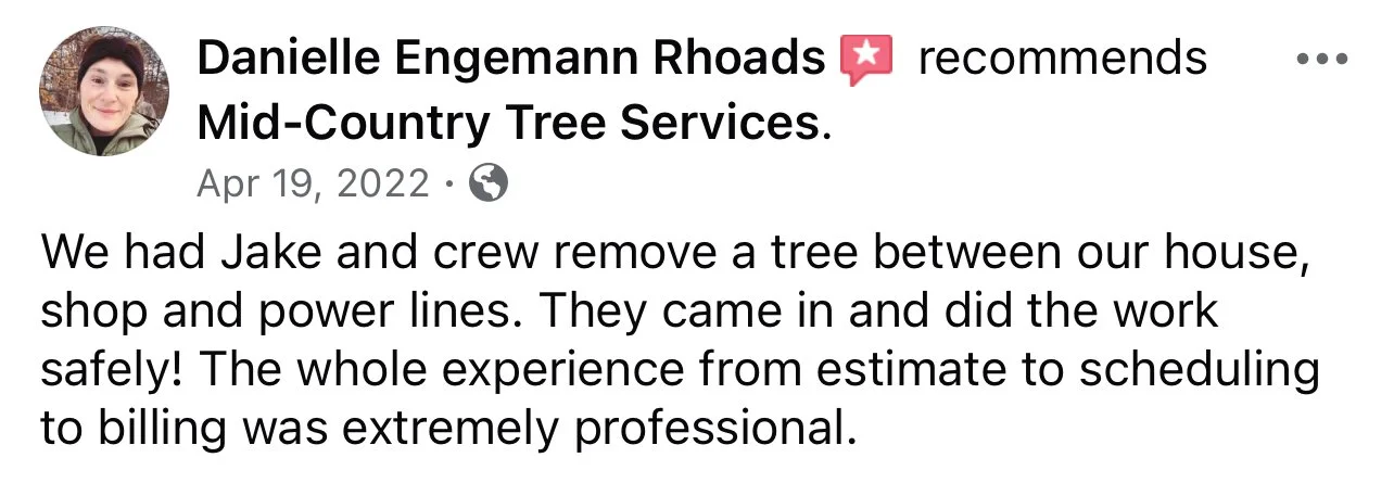 Five-star review for expert pruning and branch removal by Mid-Country Tree Services.