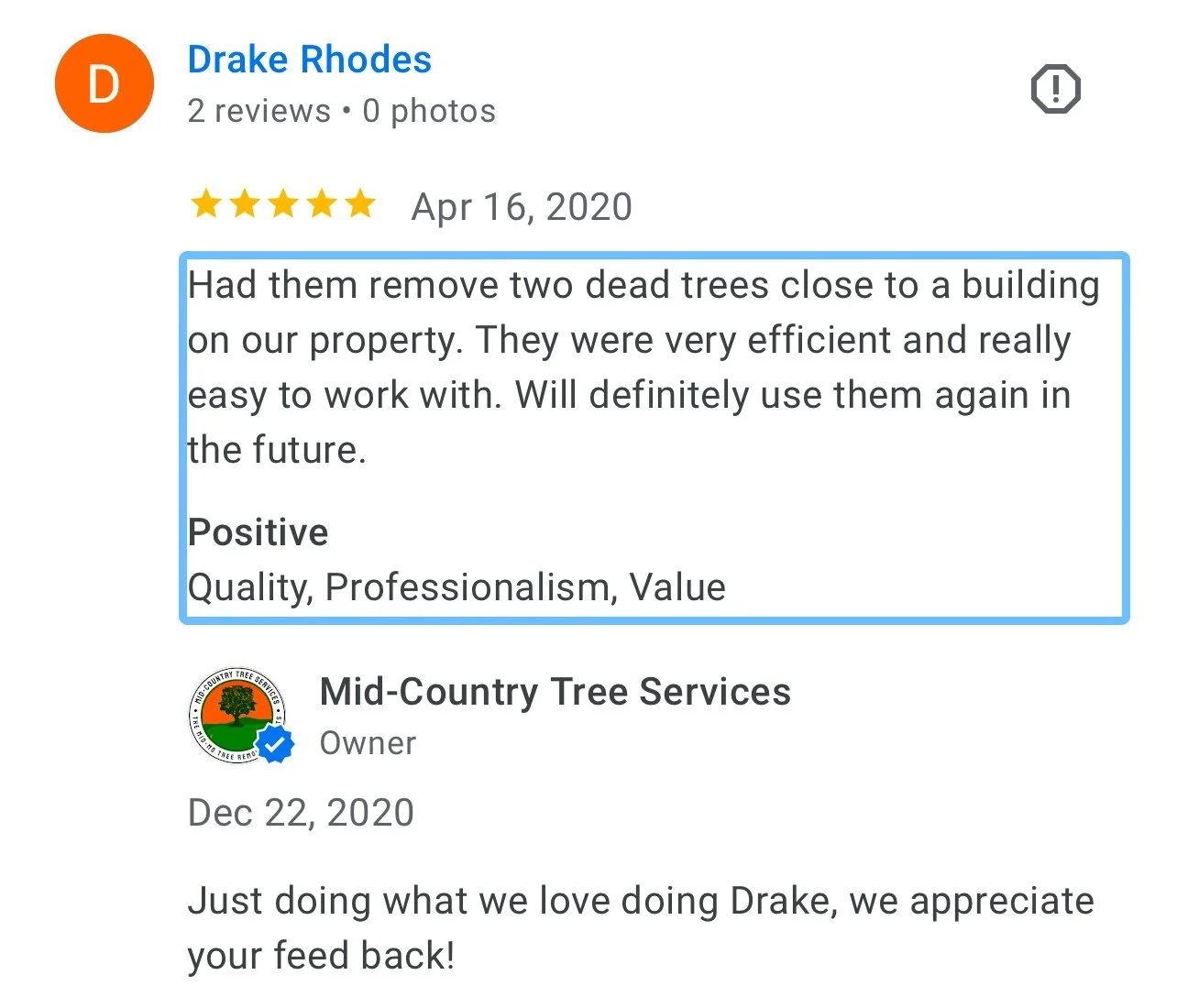 Positive feedback on snow removal and winter services by Mid-Country Tree Services.