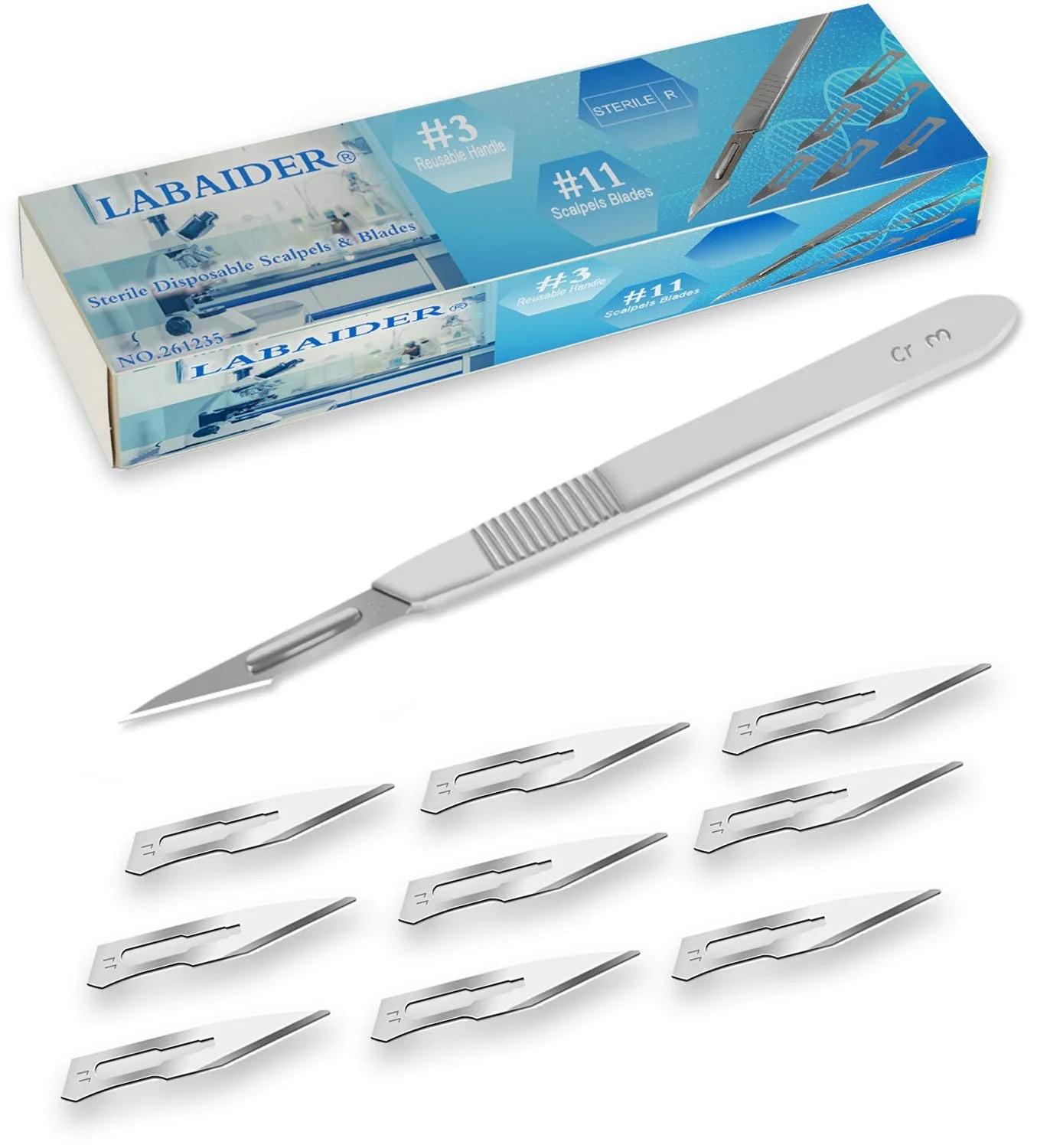 Surgical Grade Blades #11 10pcs Sterile with #3 Scalpel Knife Handle for Biology Lab Anatomy, Practicing Cutting, Medical Student, Sculpting, Repairing
