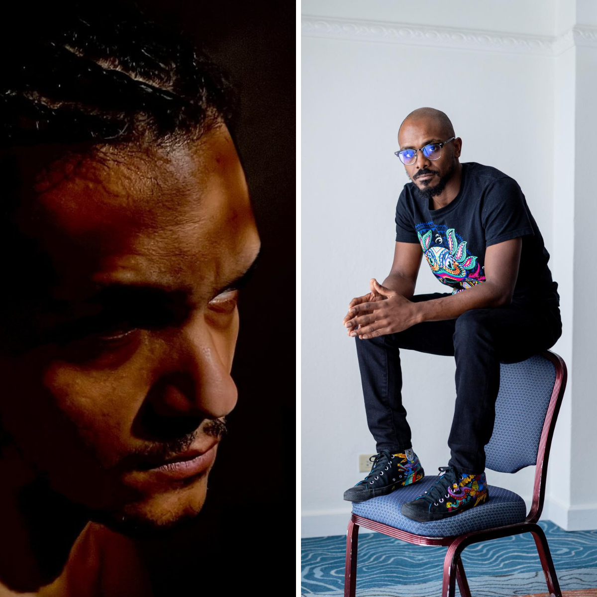 A close-up of a person's face on the left side, with dark curly hair, and a man sitting on a chair on the right side, wearing glasses, a black T-shirt with a vibrant design, black jeans, and colorful shoes, sitting in a room with white walls and a patterned carpet.