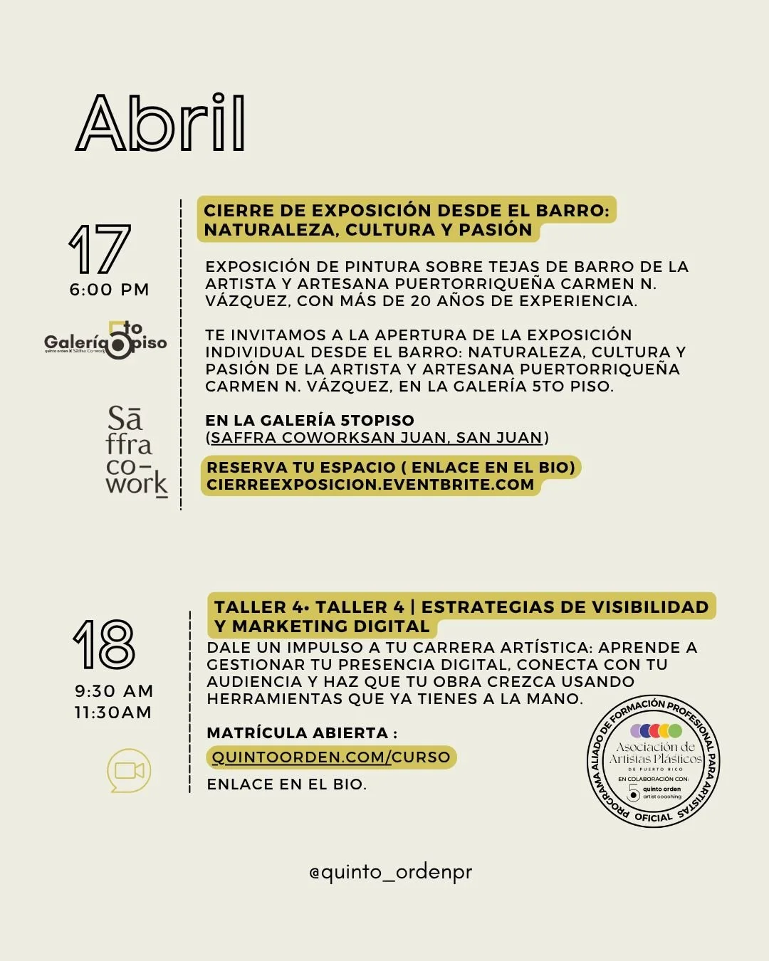 Este abril celebramos el proceso, el aprendizaje y, sobre todo, a nuestra incre&iacute;ble comunidad de artistas.

Guarda este post y marca tu calendario con los eventos de cierre de nuestro Programa de Formaci&oacute;n 2026 (Quinto Orden x AAPPR). T