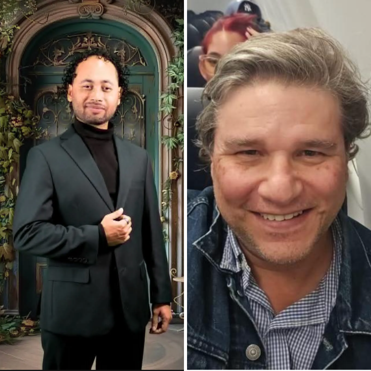 A collage of two photos: the left photo shows a man with curly black hair in a black suit and black turtleneck, standing in front of a decorative green doorway adorned with plants; the right photo is a close-up of a smiling man with gray hair, wearing a denim jacket over a checkered shirt, with a woman with red hair and glasses partially visible behind him.