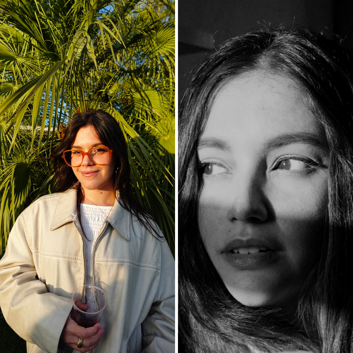 Stunning young woman with glasses and dark hair smiling outdoors near tropical plants in sunlight; another close-up black and white photo of the same woman's face, looking to the side.