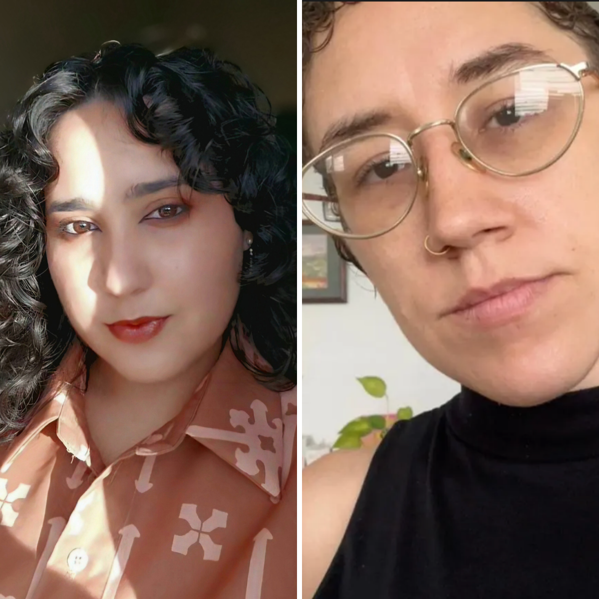 Split image of two women, on the left a woman with dark curly hair, wearing a brown patterned blouse, and on the right a woman with short curly hair, glasses, and a nose ring, wearing a black sleeveless top.