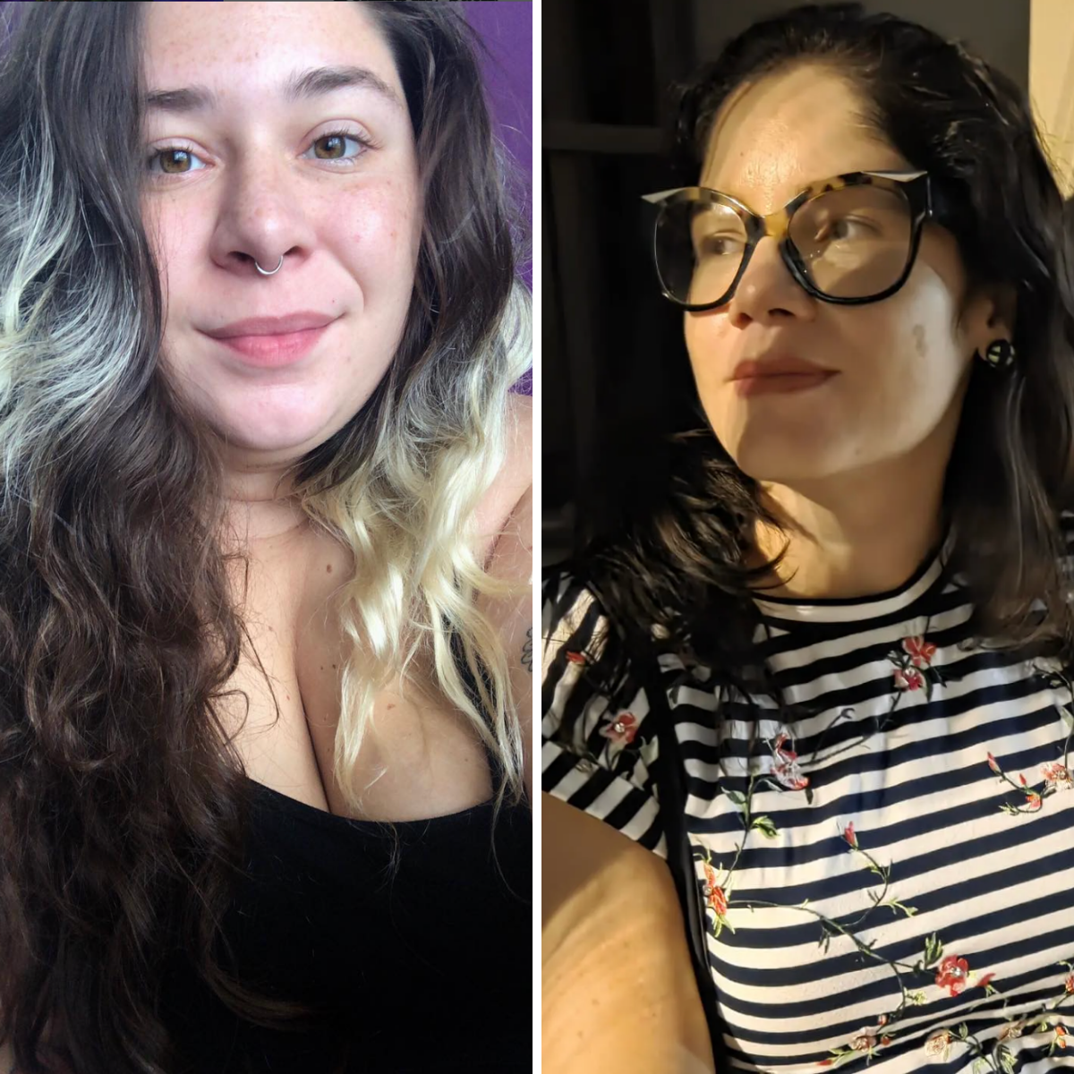 Side-by-side images of two women with dark hair, one with wavy hair and glasses, the other with long, wavy hair and a septum piercing.