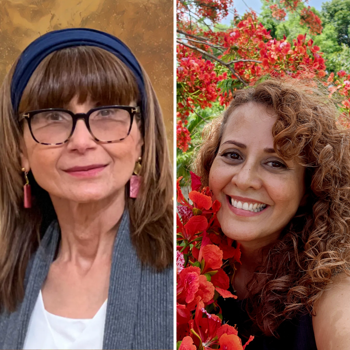 Side-by-side photos of two women with different backgrounds and hairstyles. The woman on the left has shoulder-length brown hair with bangs, glasses, and is wearing earrings and a gray blazer. The woman on the right has curly, reddish-brown hair, is outdoors with vibrant red and pink flowers in the background, and is smiling broadly.
