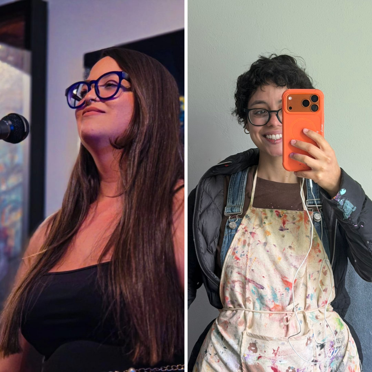 Side-by-side photos: on the left, a woman with long brown hair, wearing glasses and a black top, standing near a microphone; on the right, a woman with short curly hair, glasses, wearing a jacket and a paint-splattered apron taking a selfie with an orange phone, smiling.