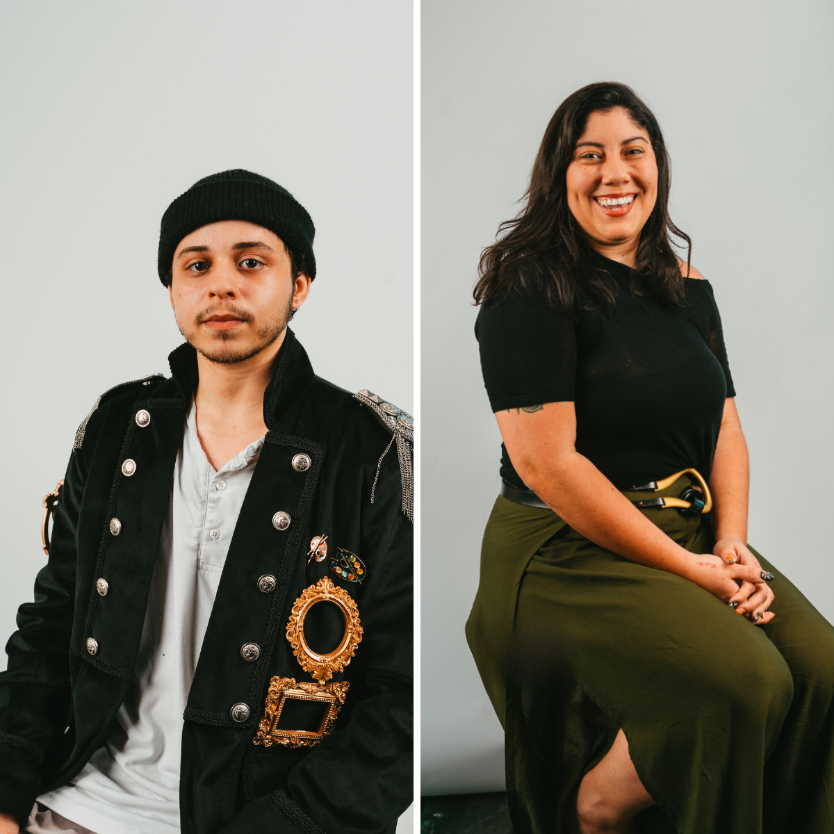 Side-by-side portrait photos of a man and a woman against a plain light background. The man on the left has short dark hair, wears a black beanie, a decorative black jacket with patches and buttons, and a white shirt underneath. The woman on the right has long dark hair, wears a black top with shoulder cutouts, green pants, and is smiling while sitting with her hands clasped.