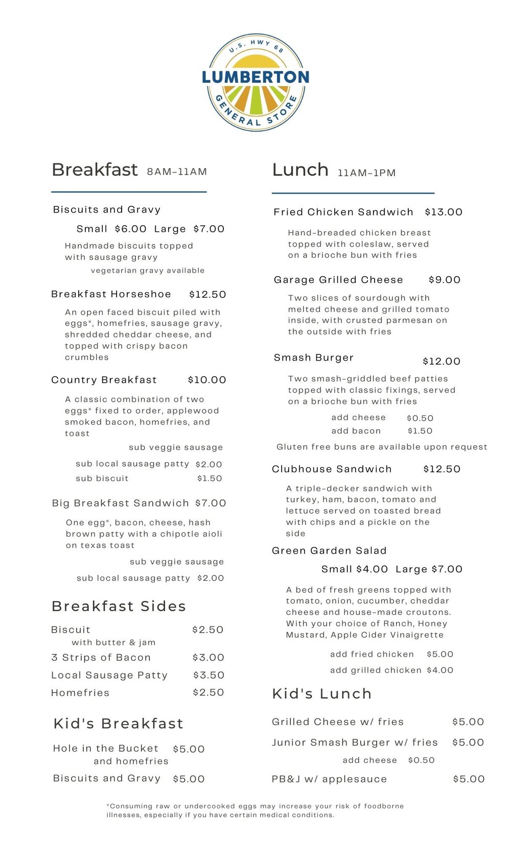 Menu lumberton general store