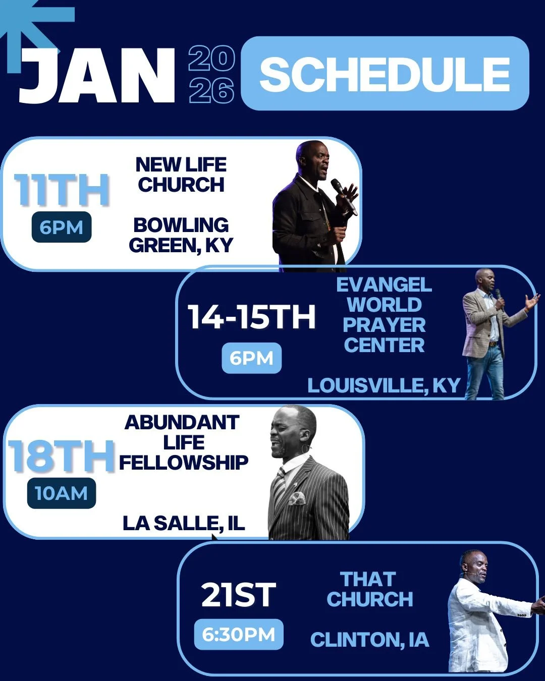 🗓️ THE MONTH OF JANUARY🗓️
We&rsquo;re starting the year seeking the Lord and abiding in His presence! 
Here&rsquo;s the January 2026 preaching &amp; ministering schedule with Deliver the Captives 🎉 

UPDATE!!!! ‼️‼️🚨🚨See the dates changes for Ev