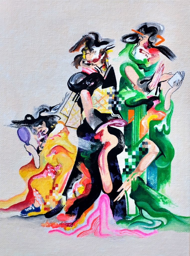 Abstract painting of figures in colorful attire with flowing forms and pixelated patterns, set against a textured background.