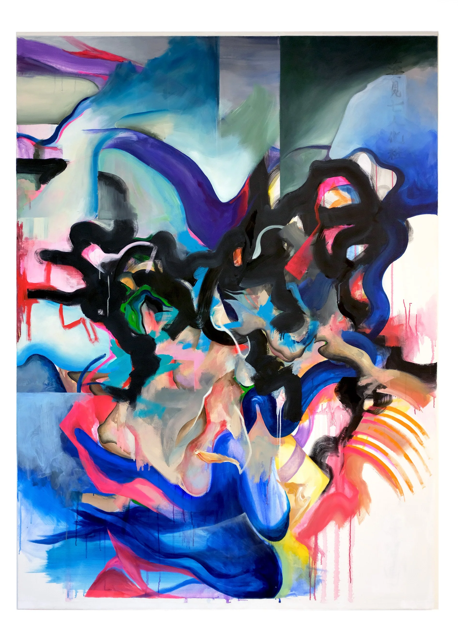 Abstract painting with vibrant colors, swirling patterns, and bold brushstrokes in blue, red, black, and pink.