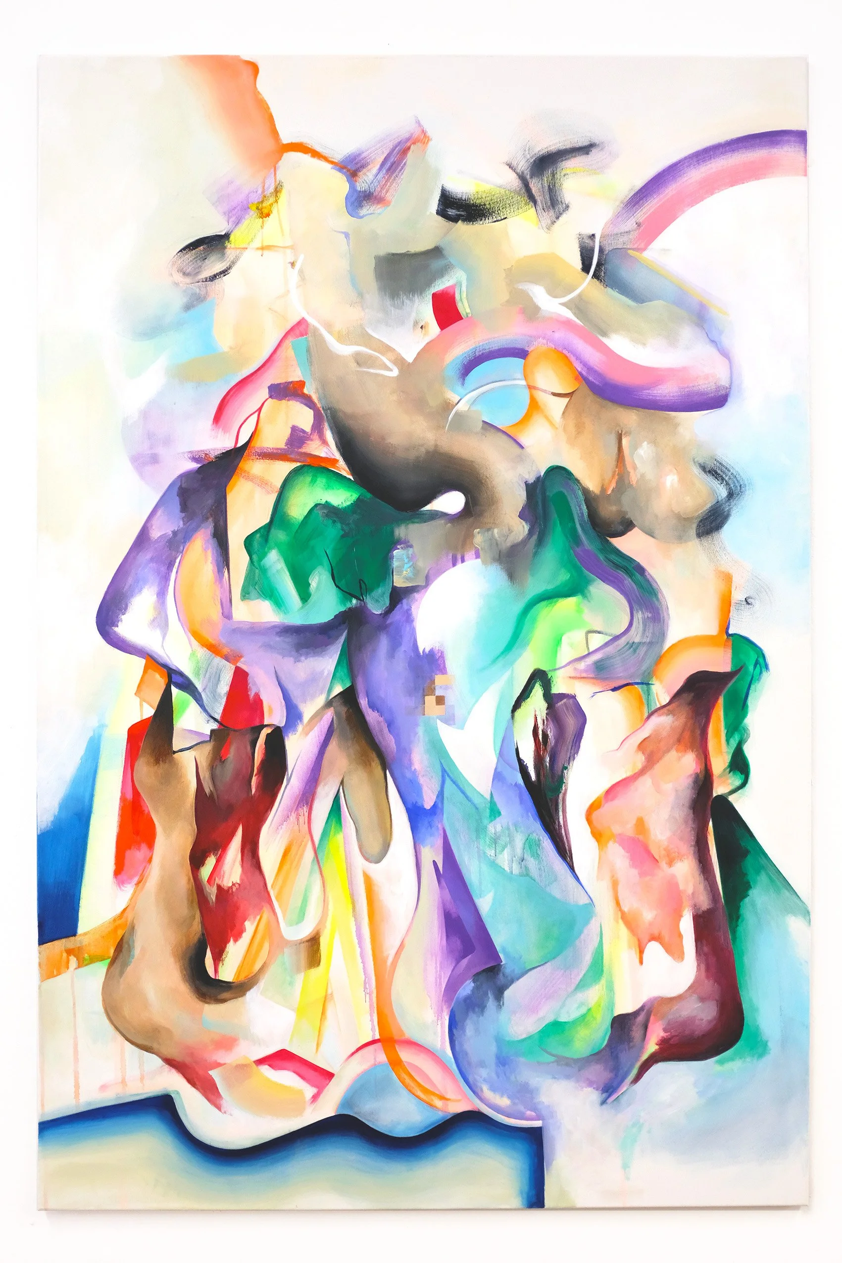 Abstract colorful painting with swirling shapes in purple, green, blue, and orange hues.