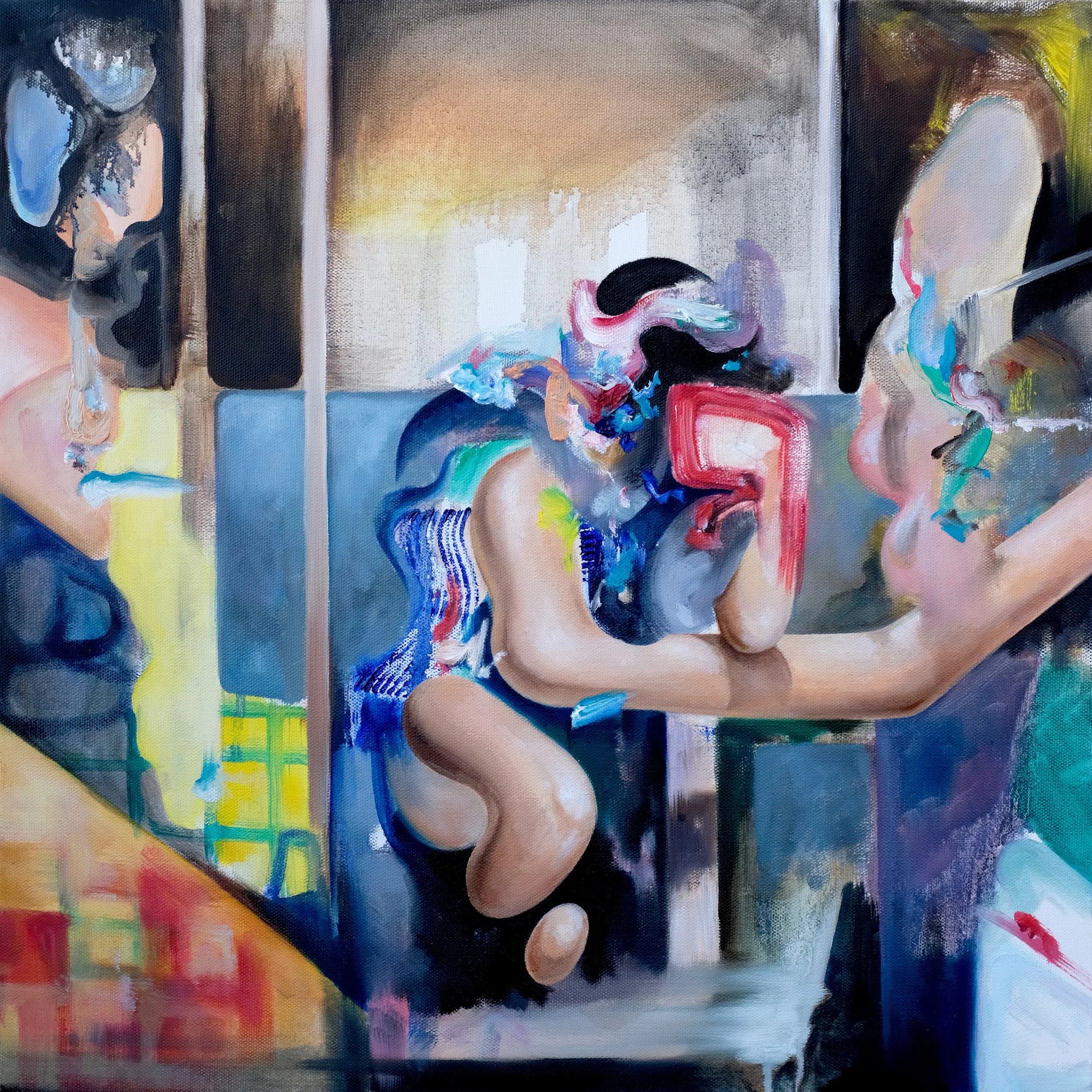 Abstract painting with distorted human figures and vibrant colors