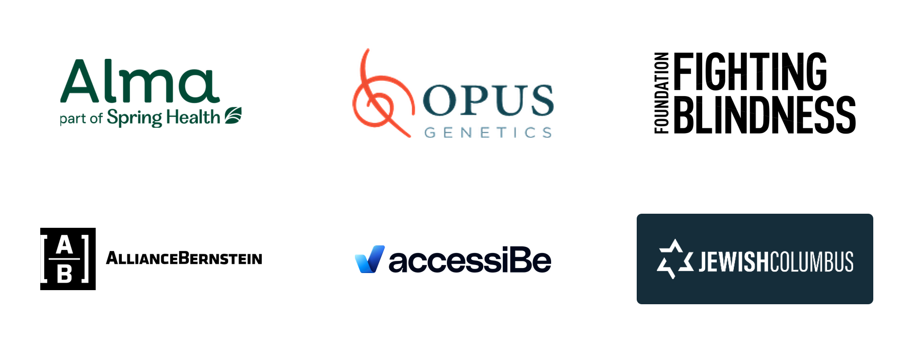 Logos for Alma part of Spring Health, Opus Genetics, Foundation Fighting Blindness, AllianceBenstein, AccessiBe, and Jewish Columbus