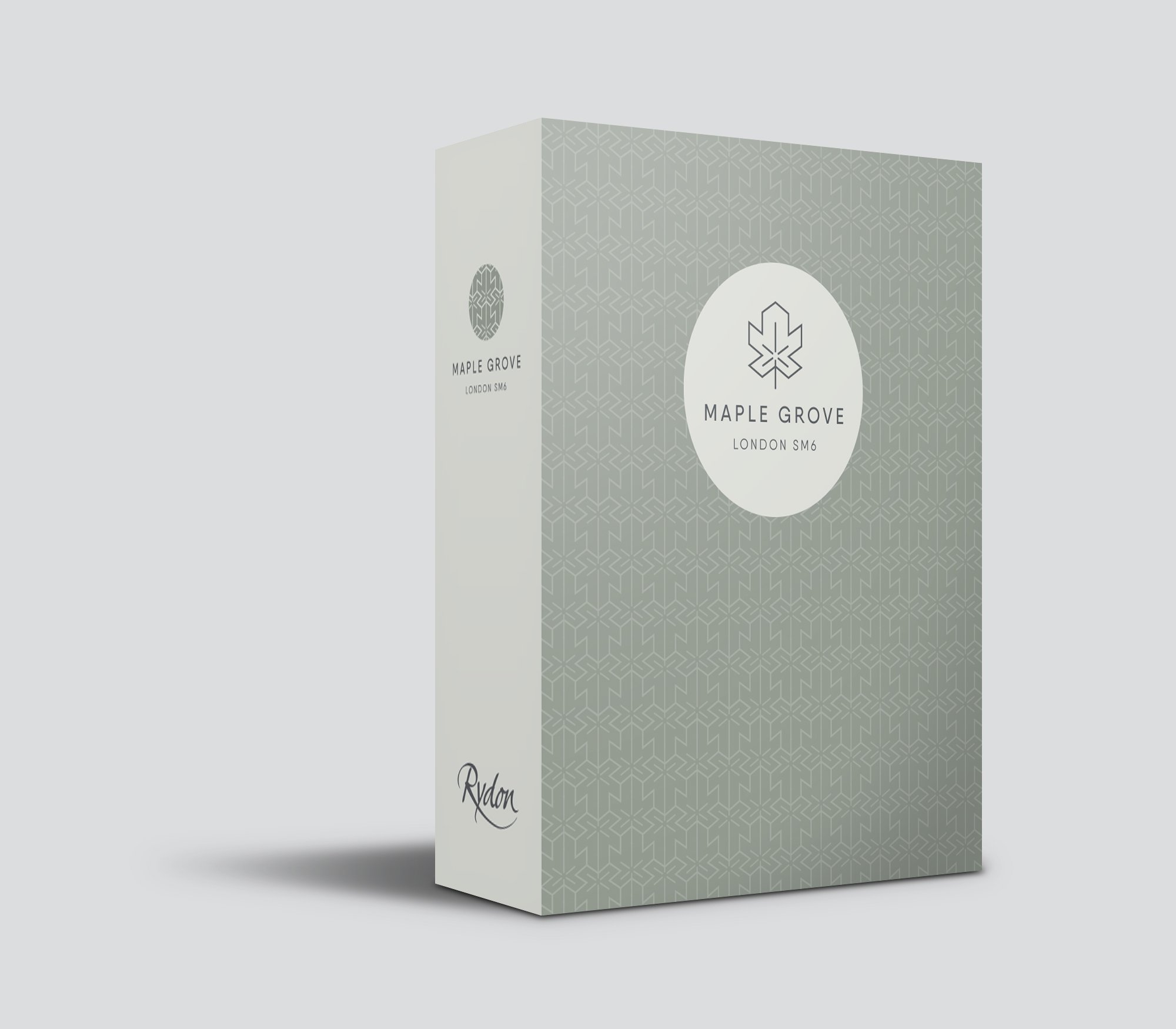 Maple Grove London SM6 packaging box with geometric design and circular logo.