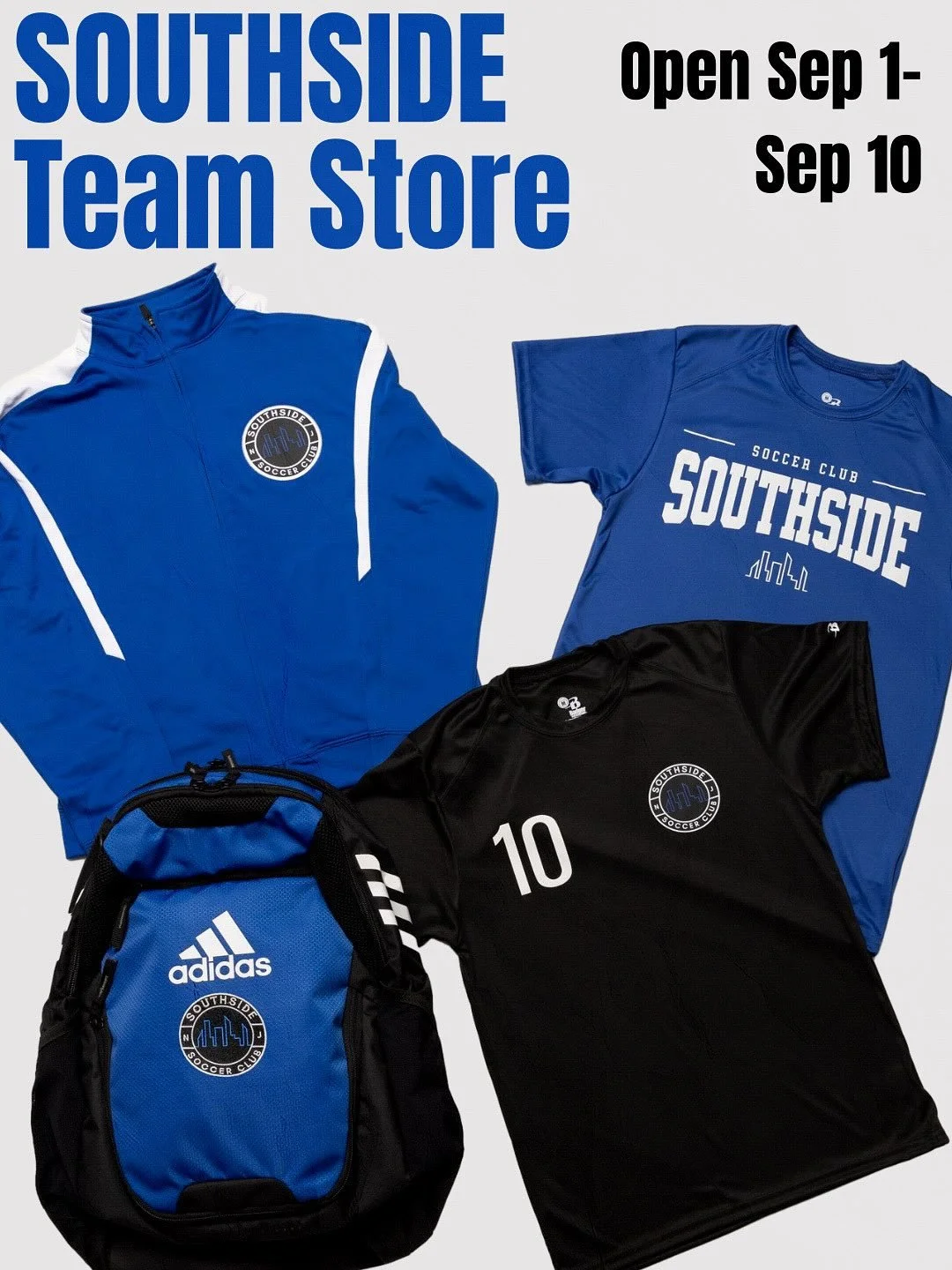 ⚽️🔥 Southside Soccer Team Store is OPEN! 🔥⚽️

Rep your club in style this season 🔵⚽️
We&rsquo;ve got: 🧢Hats
🧥 Training Jackets
🎒 Adidas Tiro Gear 
👕 Training Shirts 

📅 Store open September 1 &ndash; September 10 only
💻 Order online at: www.