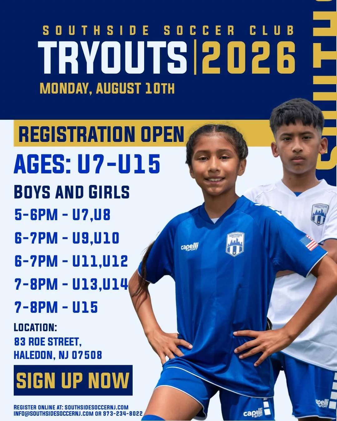 ⚽️ THE NEXT GENERATION STARTS HERE. 💙💛

Registration for free Southside Soccer Club Tryouts is officially OPEN!

📅 Monday, August 10th
👦👧 Boys &amp; Girls | U7&ndash;U15
📍 83 Roe Street, Haledon, NJ 07508

Whether you&rsquo;re just starting you