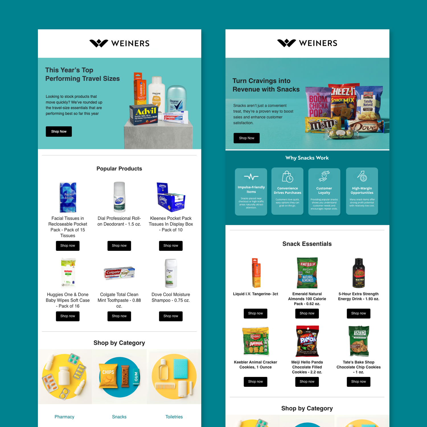 Two digital marketing flyers for Weiners showcasing travel-sized products and snacks. The left flyer highlights top-performing travel products like facial tissues, deodorant, and toothpaste with an online shop button, while the right flyer emphasizes snacks turning cravings into revenue with popular snack images and categories like pharmacy, snacks, and toiletries.
