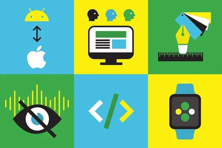 A grid of six icons representing technology themes: an Android and Apple logo, a computer with people icons, color swatches and a ruler, an eye with sound waves and a line through it, coding symbols, and a smartwatch.