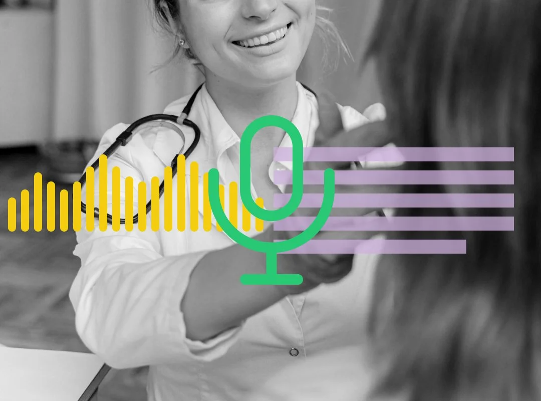 Medical professional, possibly a doctor, smiling and extending her hand to a patient in an office setting, with audio waveforms and a microphone overlay.