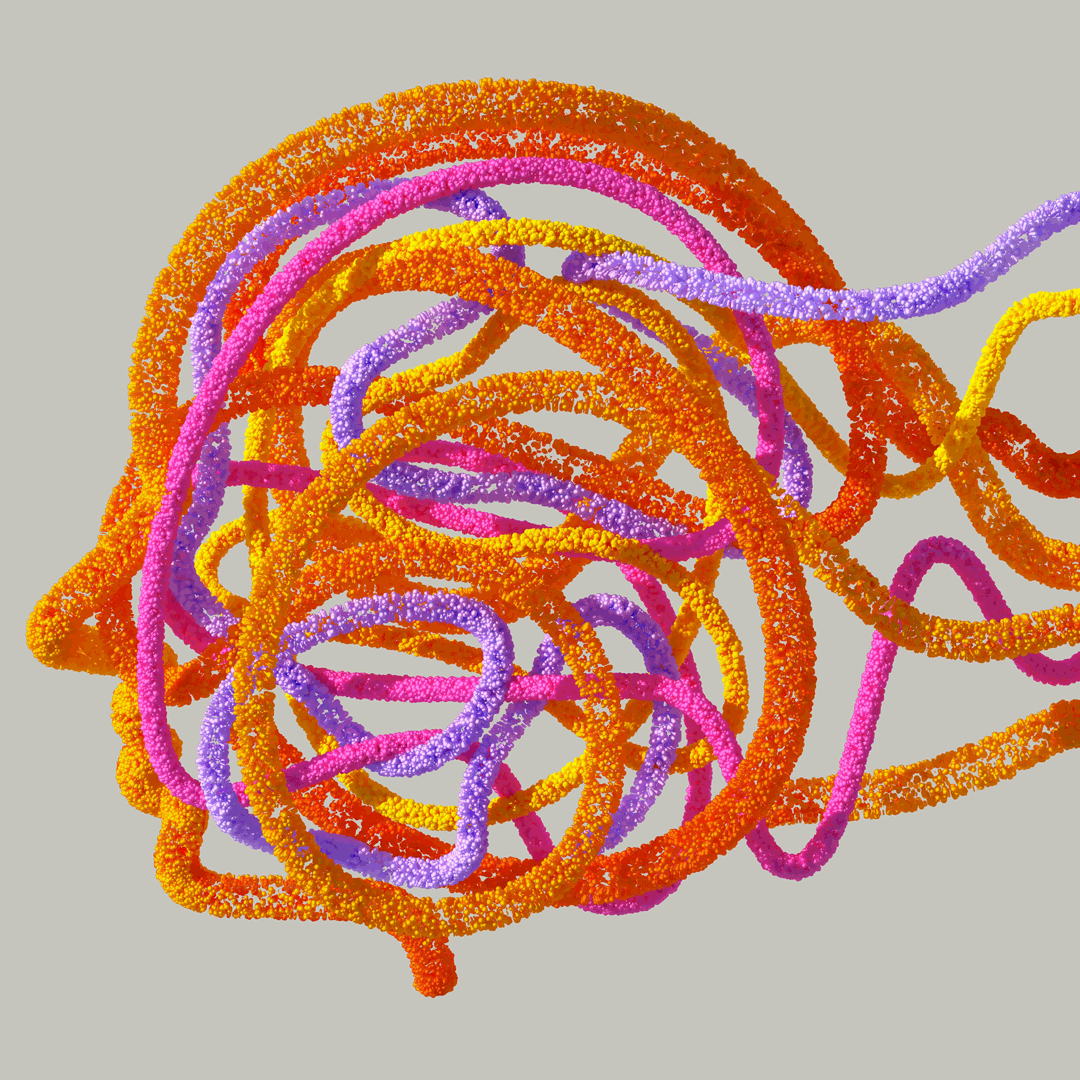 Colorful tangled yarn strings in purple, pink, orange, and yellow creating a human head on a light gray background.