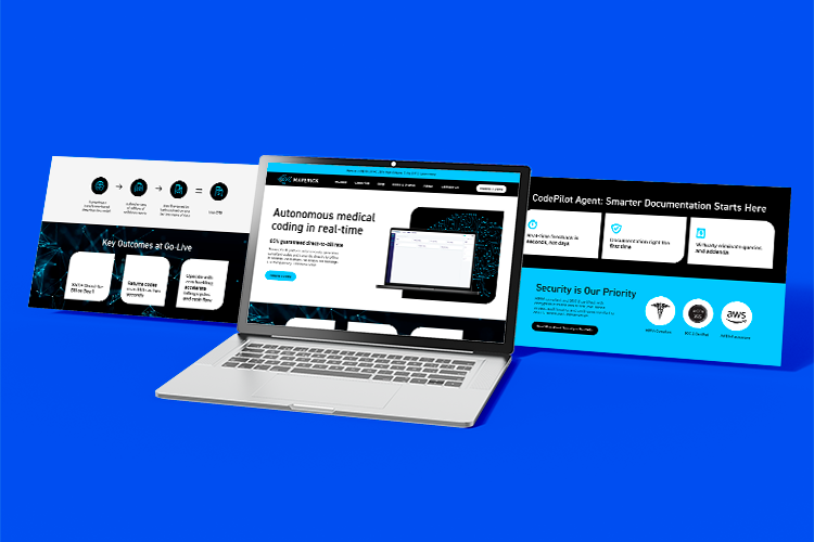 Laptop showing various screens of Maverick Medical AI website redesign