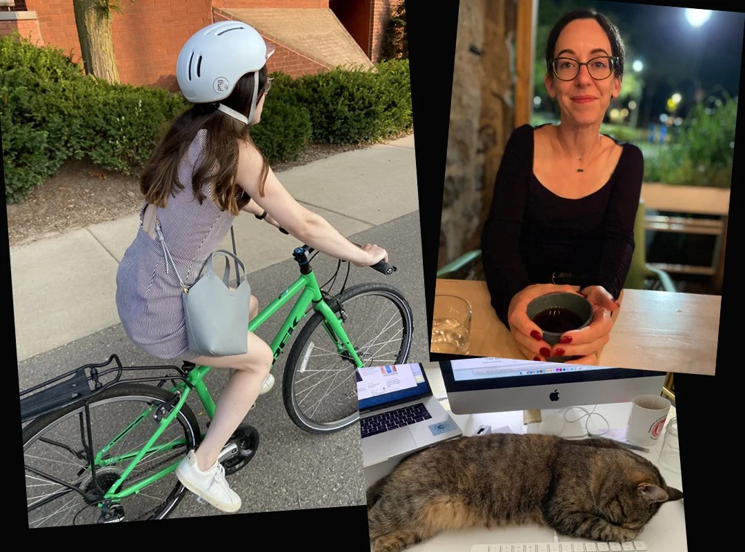Co-Founder Eliana biking, drinking coffee, and her cat sleeping on keyboard