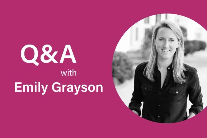 Q&A with Emily Grayson. Black and white photo of Emily.