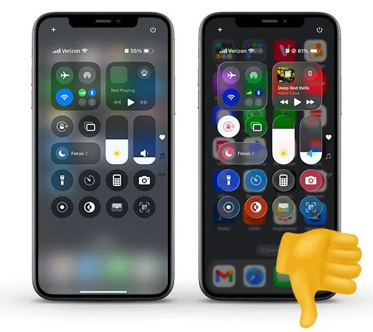 Two iPhones displaying the control center with various toggles on the screen, one with a notification from a game, and a yellow thumbs-down emoji at the bottom right.