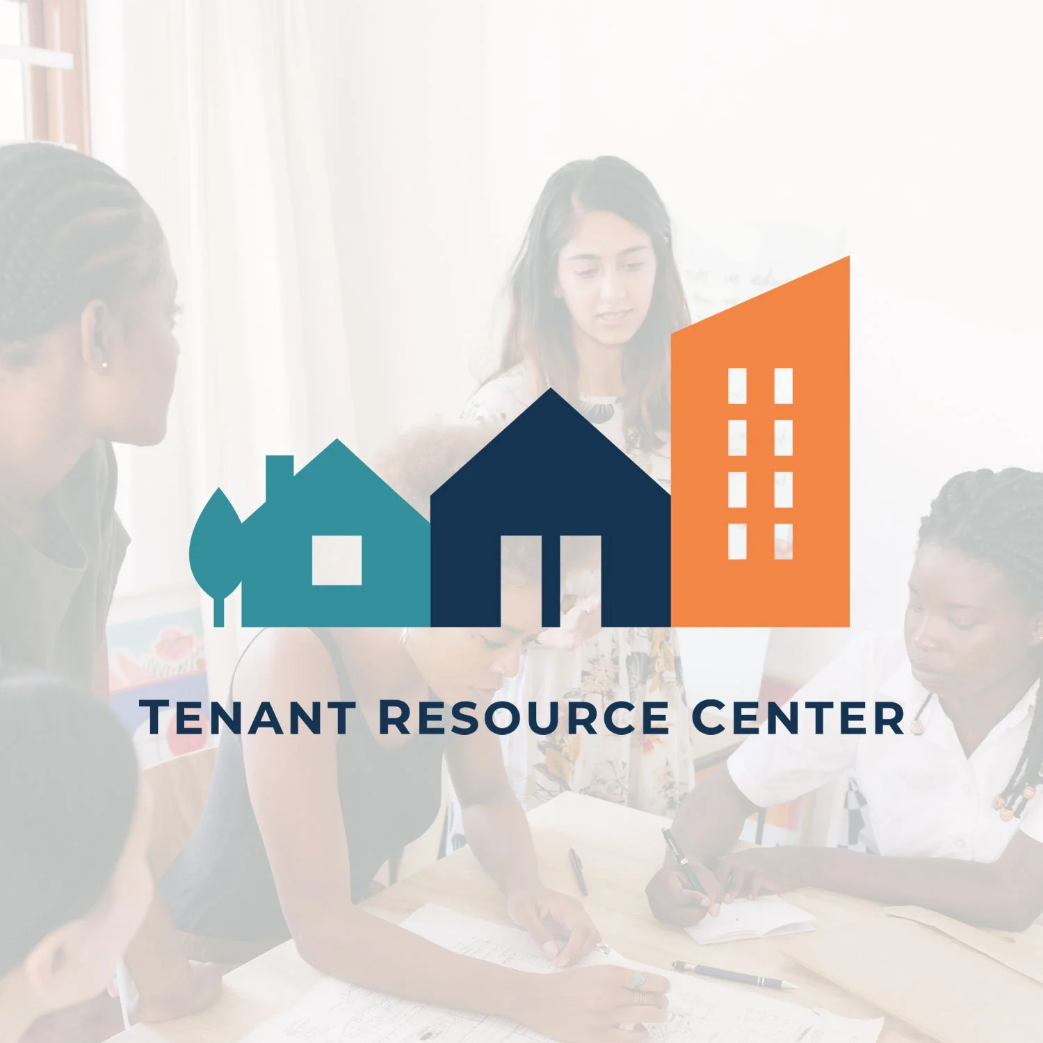 Logo for Tenant Resource Center featuring house, apartment, and building silhouettes with text 'Tenant Resource Center'.