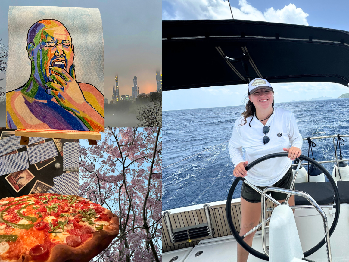 Photo collage including Gabie behind the captain's wheel of a sailboat, a colorful piece of her artwork, pizza, playing cards, and NYC & Brooklyn landscapes