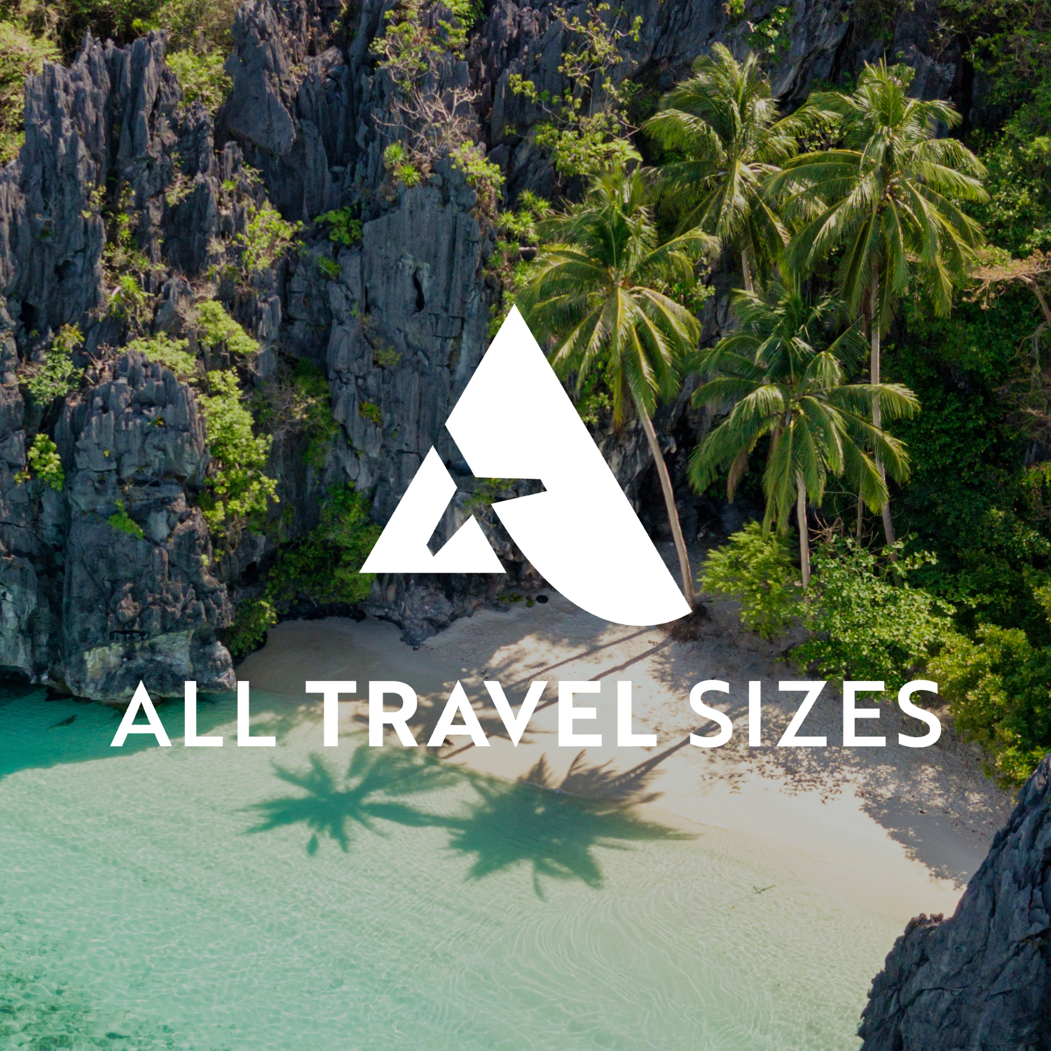 A tropical beach with turquoise water, white sand, tall palm trees, and rocky cliffs in the background, with an overlay of the All Travel Sizes logo and the text 'ALL TRAVEL SIZES'.