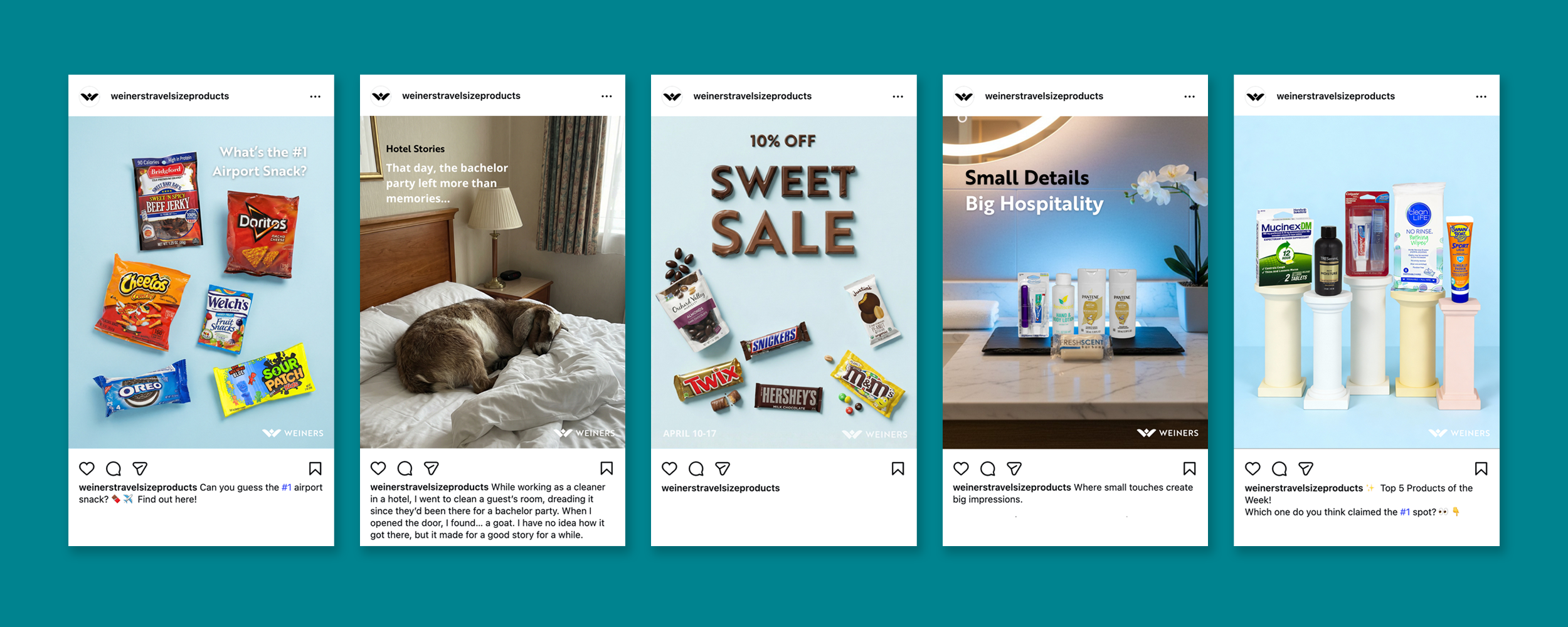Collection of social media posts from Weiner's Travel Size Products featuring snacks at airport, hotel room, sale promotion, hotel toiletries, and health products on pedestals.
