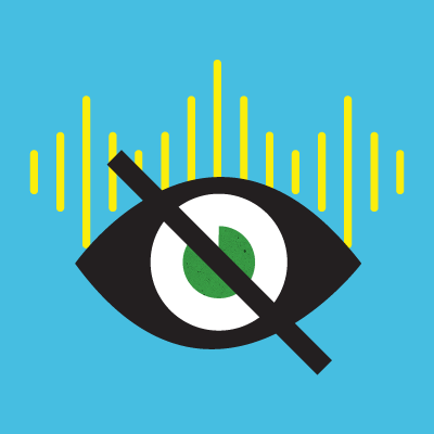 Stylized black eye with a diagonal line through it and green and white iris, with yellow sound waves and a blue background, symbolizing privacy or no audio.