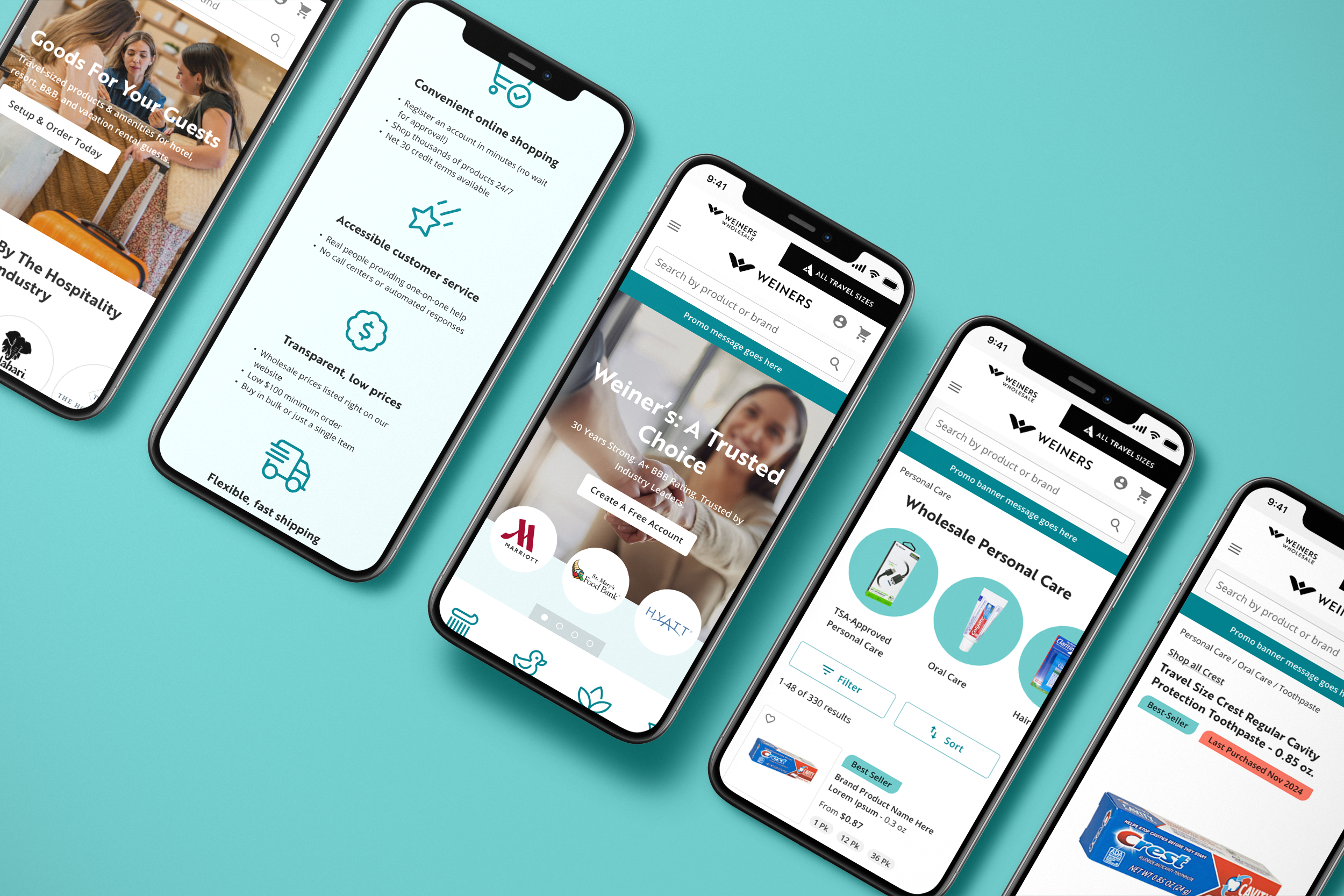 Multiple smartphones displaying various online shopping websites and apps related to hotel bookings, wholesale products, personal care items, and travel sizes against a teal background.