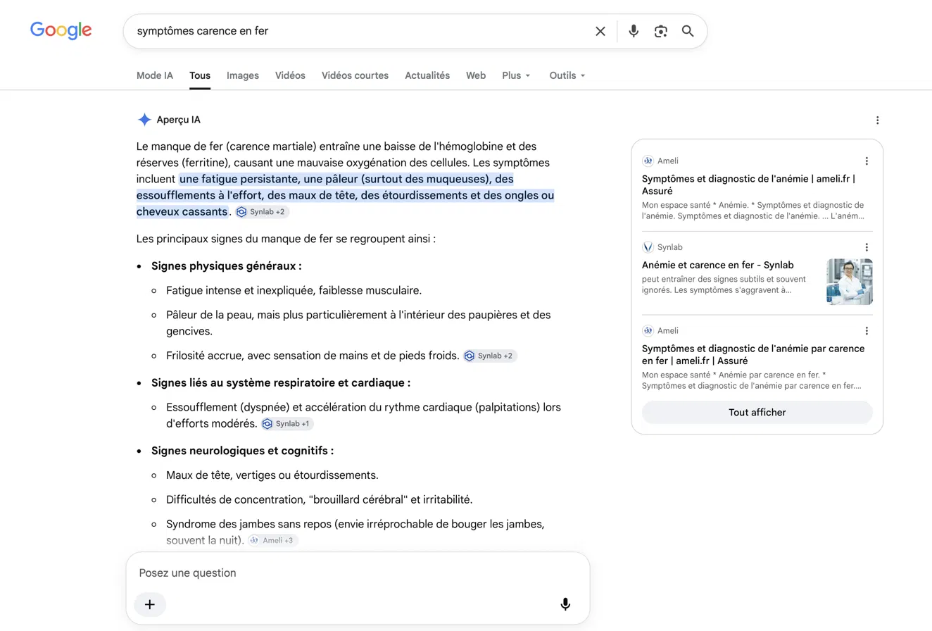 AI Overview on google.fr for the query "symptômes carence en fer", showing an AI-generated summary citing Ameli and Synlab, with no organic search result visible above the fold.