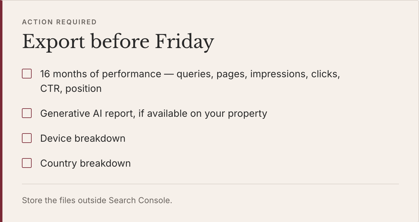 Checklist graphic titled "Export before Friday," listing four Google Search Console exports to capture before pre-launch data becomes unrecoverable.