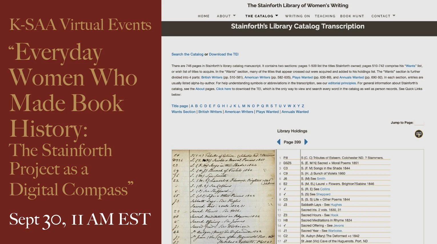 K-SAA Virtual Events: “Everyday Women Who Made Book History: The Stainforth Project as a Digital Compass”