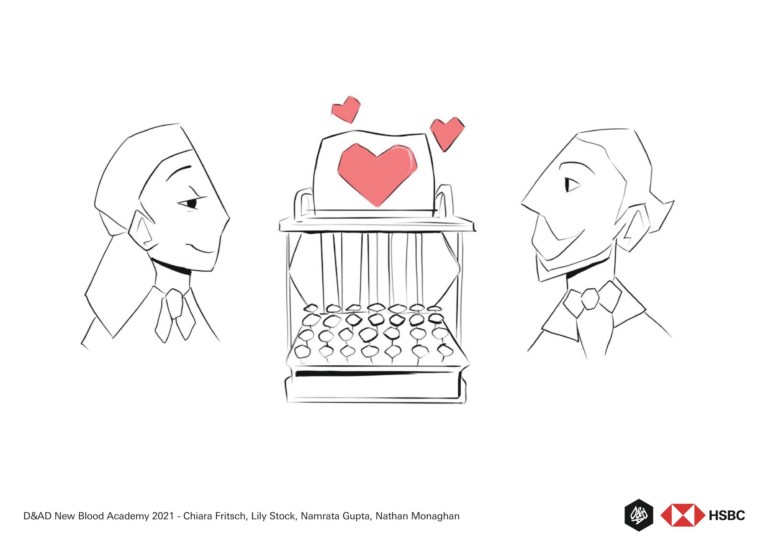 Typewriter in between two people.