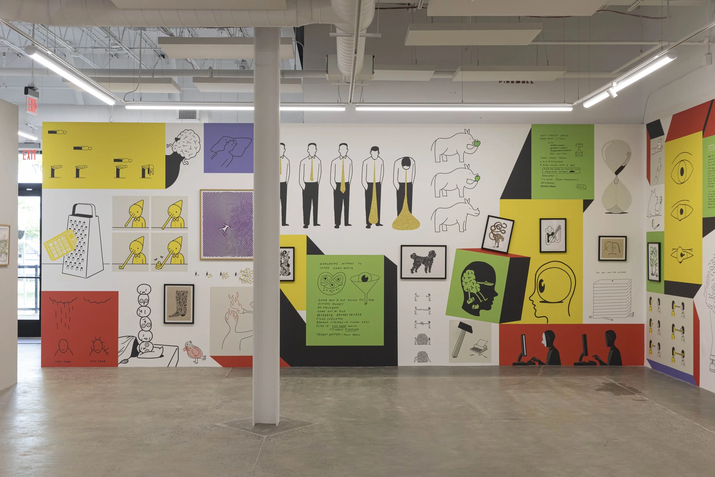 Art gallery wall with various illustrations, including people, animals, objects, and abstract designs, displayed on a multi-colored background.