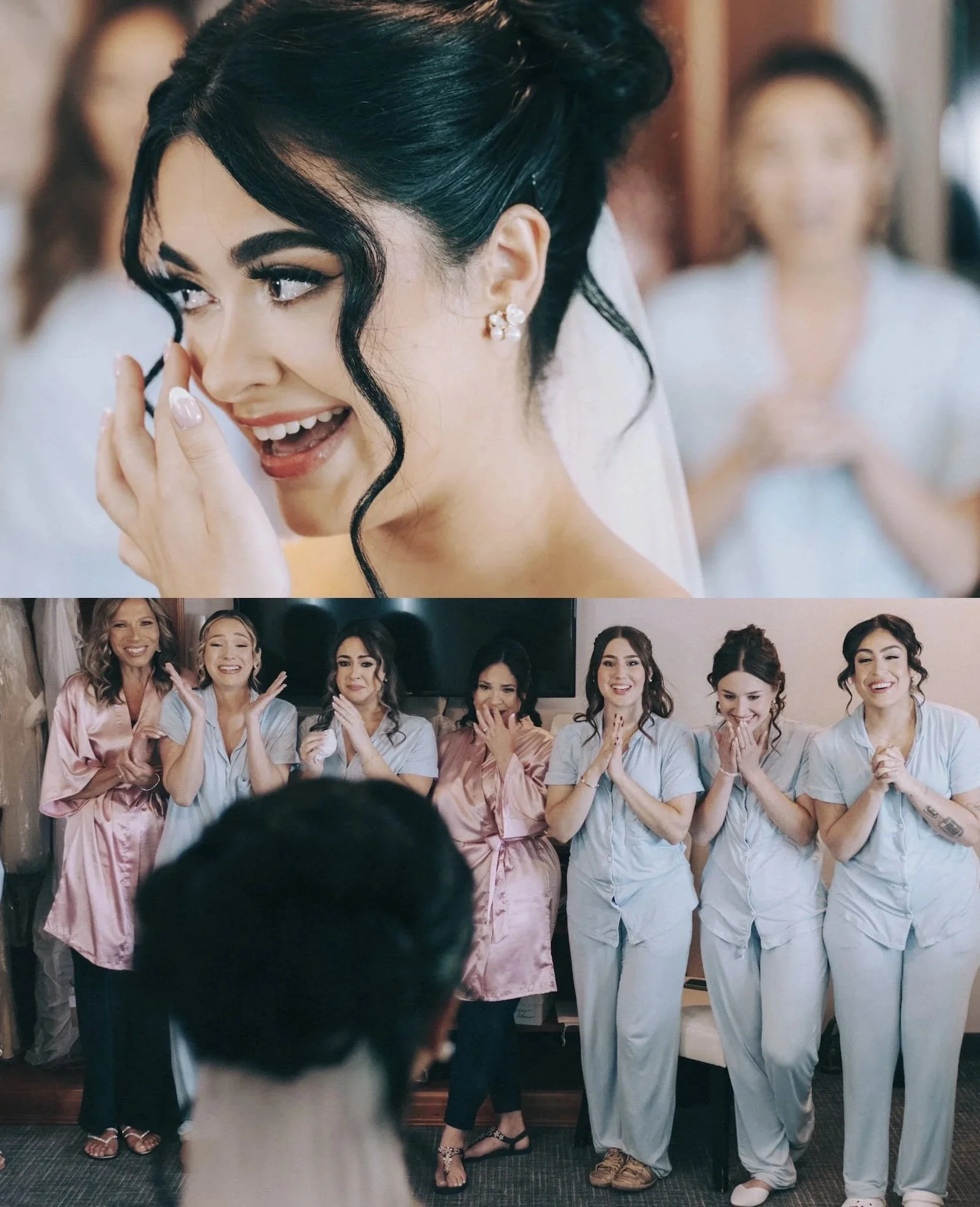 A bride smiles with joy as her bridesmaids look on, cinematic moment preserved with editorial grace