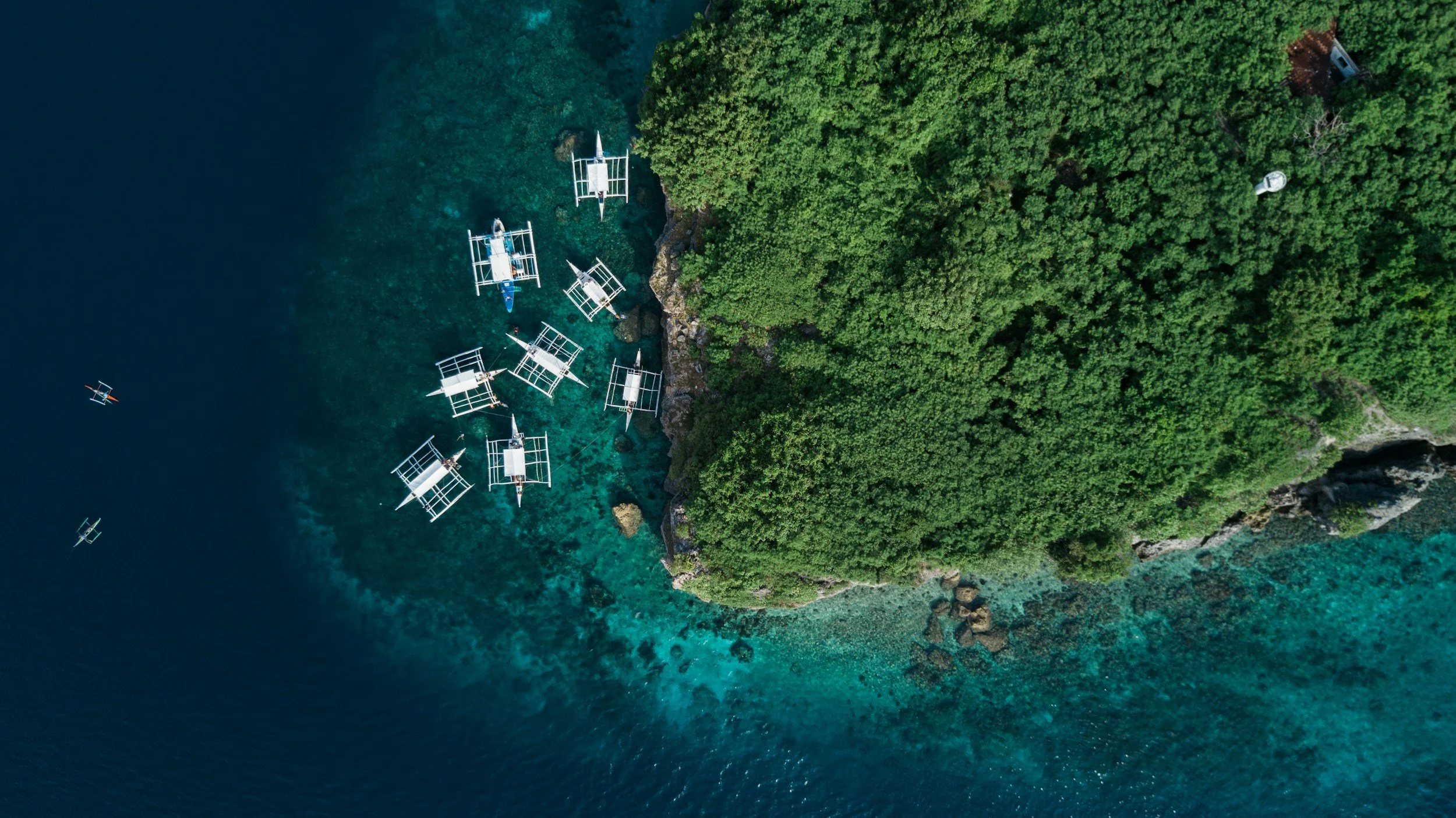 Several small boats float near a dense shoreline seen from above, the composition reading as a wide cinematic prenup film still.
