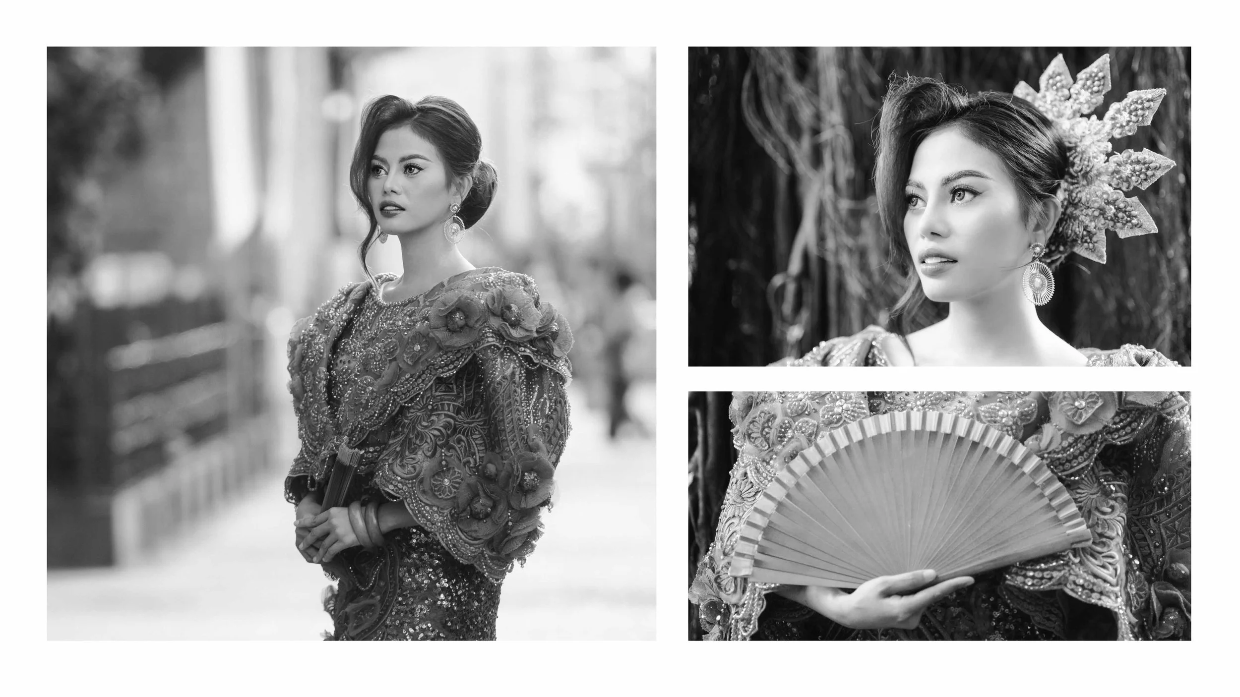Hoi An photographer frames a woman in an embroidered dress holding a fan, presented in a four-image collage.