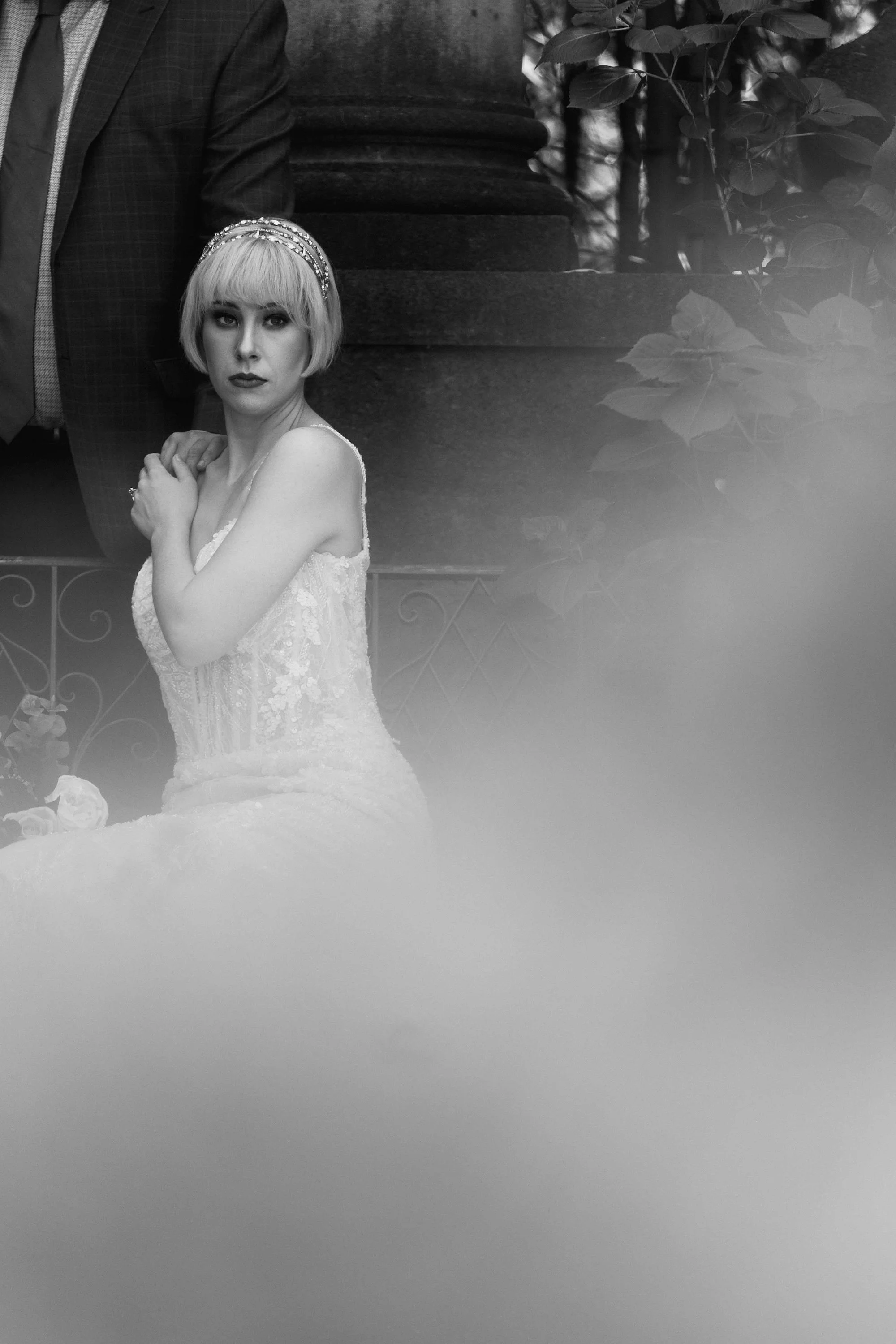 Villa Balbiano Wedding Photographer — artistic black-and-white portrait of the bride surrounded by mist.