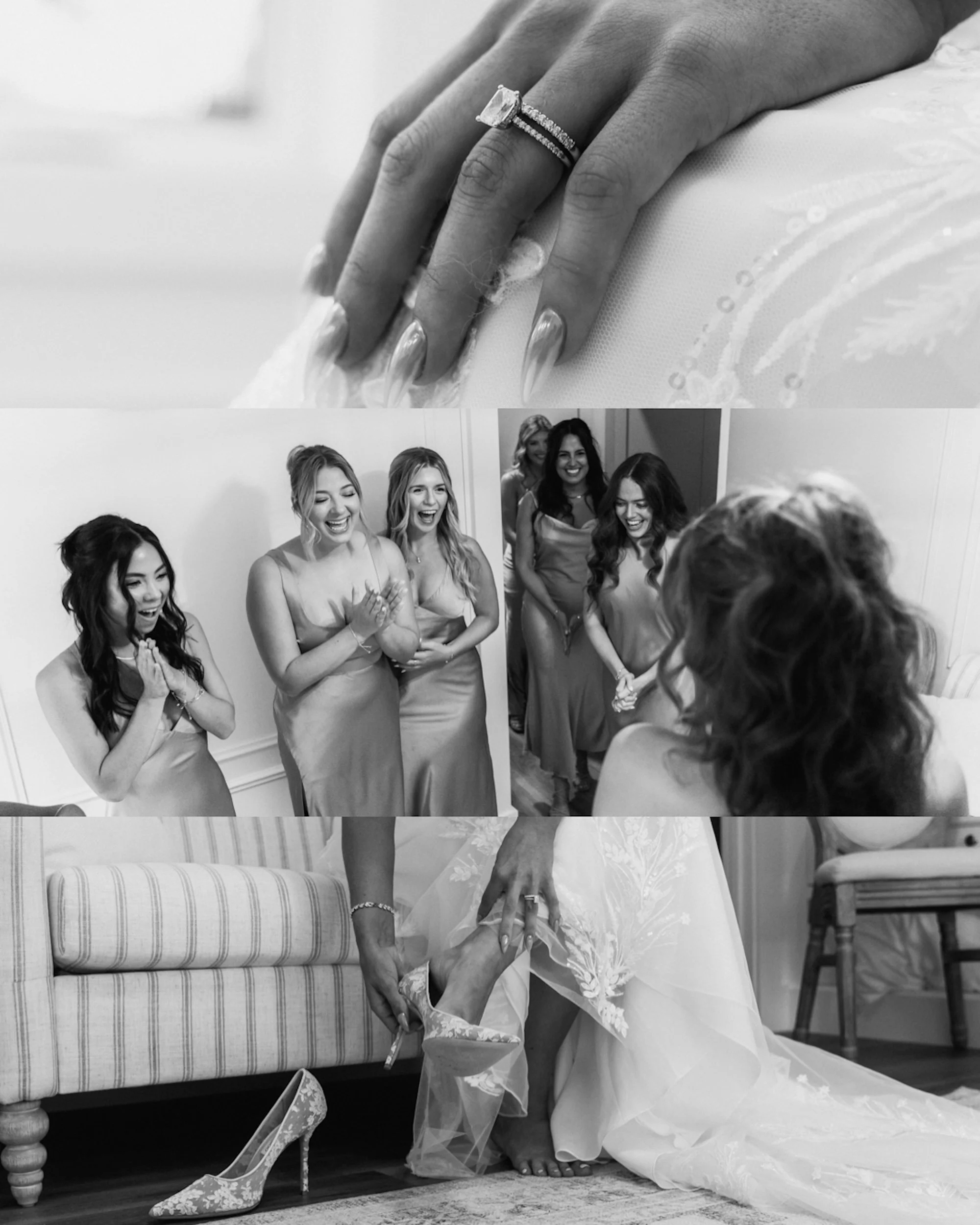 Hands rest on a gown, a ring glimmering as a symbolic detail of the day.