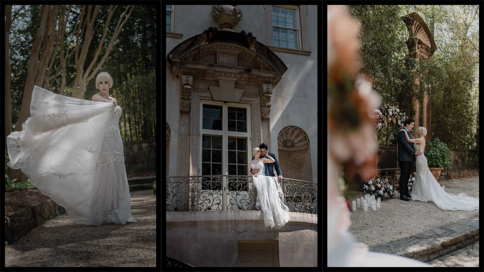 Bride and groom share a tender dance outdoors, surrounded by candles and floral details, captured in editorial elegance by Caz Isaiah inspired by Gotham Hall weddings